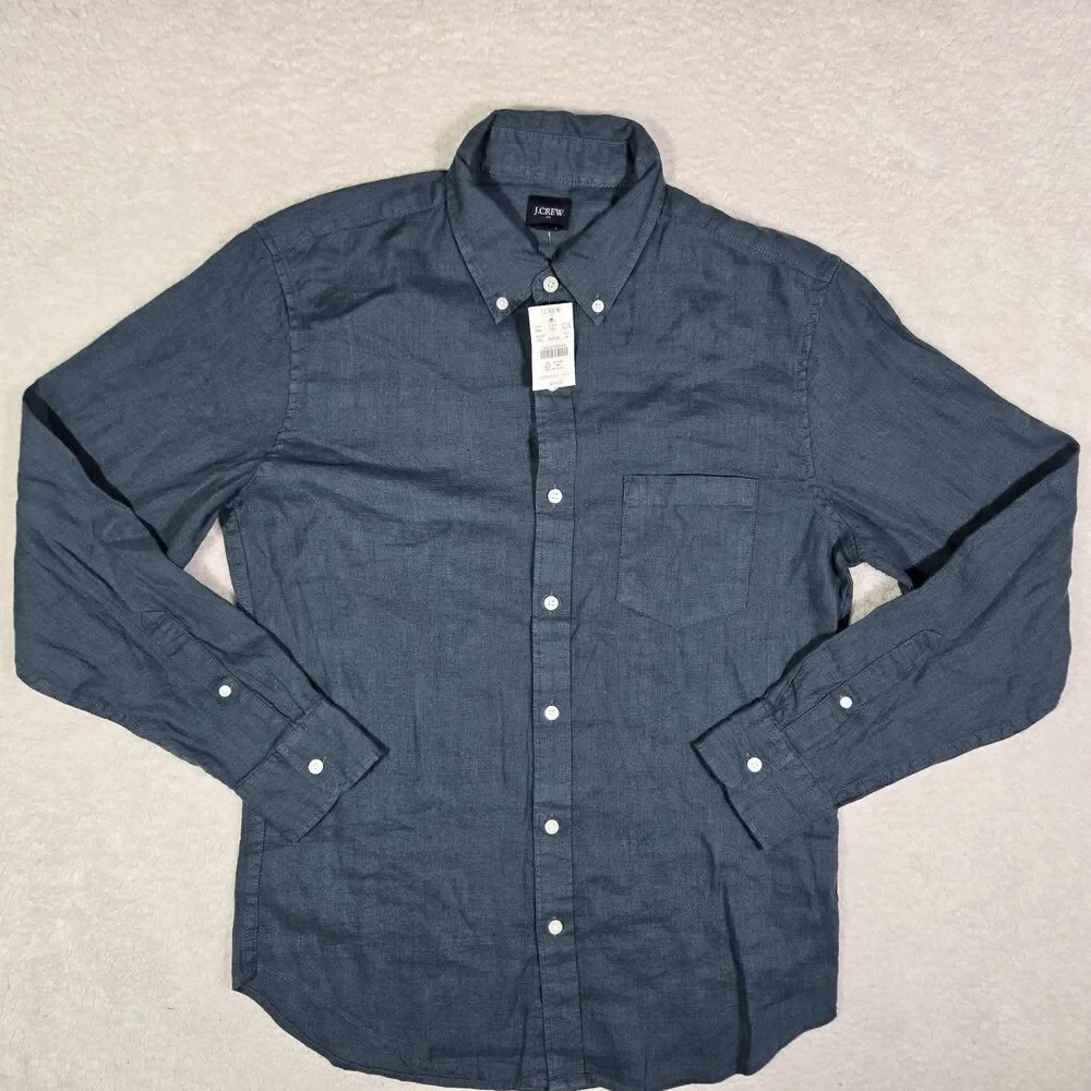 $110 J Crew Mens Medium Linen Blend Long Sleeve Opal Blue Button Up Shirt